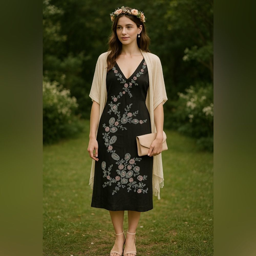 Vintage Y2K Midi Floral Beaded Black Autumn Wedding Guest Homecoming Dress Sz 8 - Picture 13 of 13